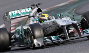 Lewis Hamilton in his Formula One Mercedes during testing at the Circuit de Catalunya, Barcelona.
